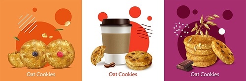 Oat cookies with chocolate berries and coffee realistic design concept isolated on colorful background vector illustration