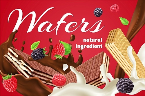 Realistic advertisement with chocolate cream and berry wafers made of natural ingredients on red background vector illustration