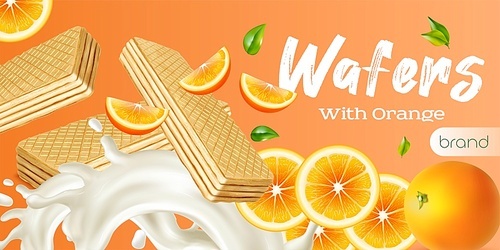 Wafer realistic advertisement with fresh whole and sliced orange and milk splashes vector illustration