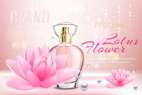 Realistic design advertisement with bottle of floral female perfume and pink lotus flowers vector illustration