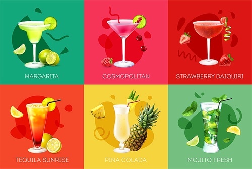 Realistic design concept with different alcoholic cocktails fruit berries isolated on colorful background vector illustration