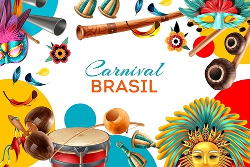 Brazil carnival realistic poster with beautiful masks drums maracas bells feathers vector illustration