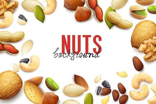 White background with frame of various realistic nuts and seeds vector illustration