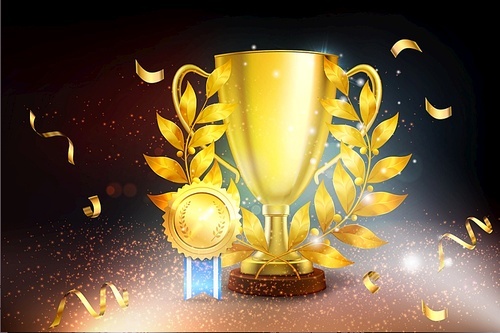 Realistic awards background with composition of festive confetti glowing lights with golden palm cup and medal vector illustration