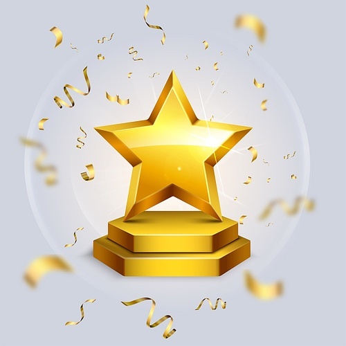 Realistic awards background with image of star award on pedestal surrounded by blurred confetti in motion vector illustration