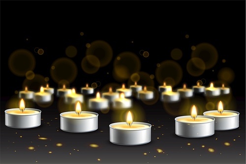 Realistic candles composition with images of burning candles set in round metal tins on dark background vector illustration
