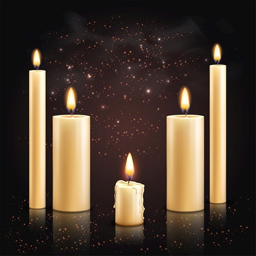 Realistic candles background with set of different candles with flame and light particles on dark background vector illustration