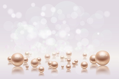 Realistic pearls background composition with images of pearl beads of different size and blurred flare lights vector illustration