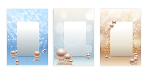 Realistic pearls set of backgrounds with frames and empty space surounded by flares and light rays vector illustration