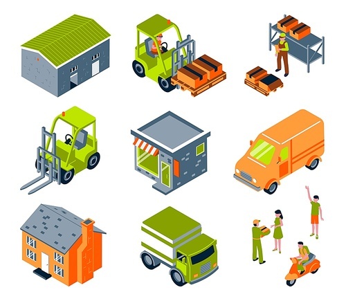 Isometric delivery color set with isolated images of vehicles warehouse buildings and people on blank background vector illustration