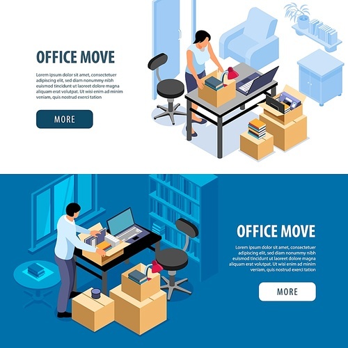 Isometric office move banners set of indoor scenes with people packing things more button and text vector illustration