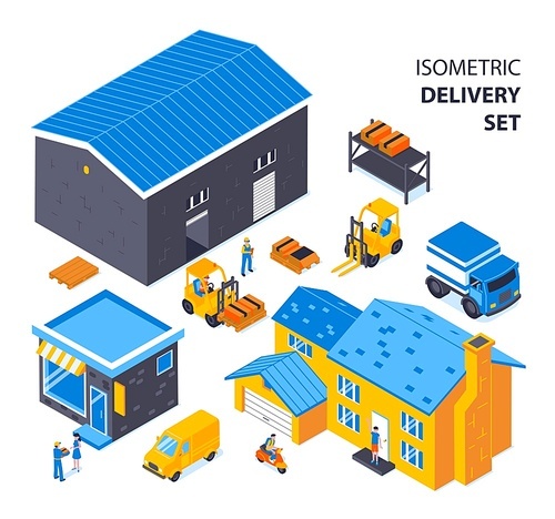 Isometric delivery set with view of warehouse vehicles and buildings with stores living houses and text vector illustration