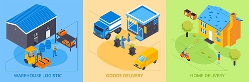 Delivery service concept 3 flat compositions with warehouse logistic operations transportation handling goods to customer vector illustration
