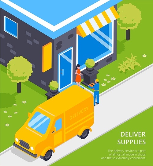 Logistical chain supplies transportation service isometric composition with yellow van courier delivers parcel to customer vector illustration