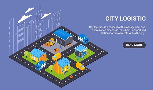 Isometric delivery concept horizontal banner with read more button text and view of city with transport vector illustration