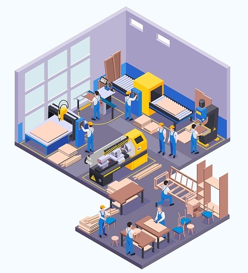 Furniture production isometric vector illustration of factory floor with workers and modern equipment for wood pressing sawing drilling