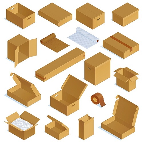 Isometric cardboard boxes containers set with isolated images of open and closed packages on blank background vector illustration