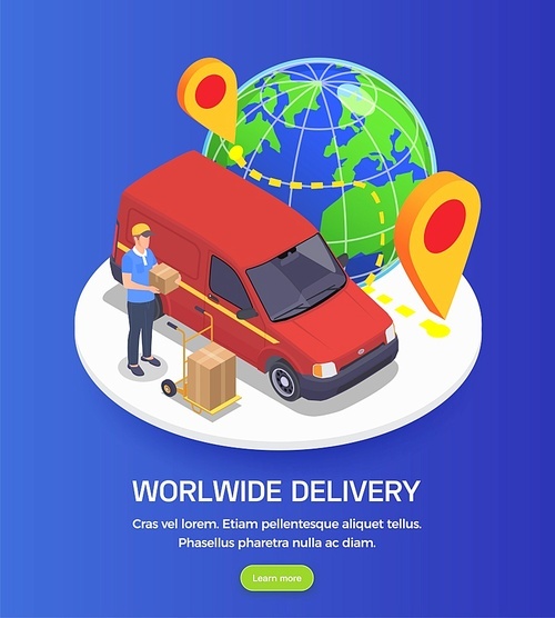 Delivery company service square background with composition of isometric images editable text and learn more button vector illustration