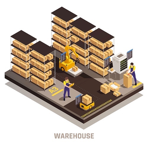 Warehouse automated storage process with efficient find track retrieve load cargo computerized system isometric composition vector illustration