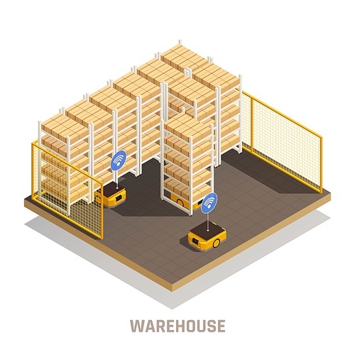 Modern warehouse fully automated computer controlled robotic equipment for cargo storage tracking distribution isometric composition vector illustration