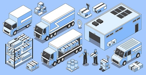 Isometric logistics set of isolated truck images warehouse building and boxes with loaders and worker characters vector illustration