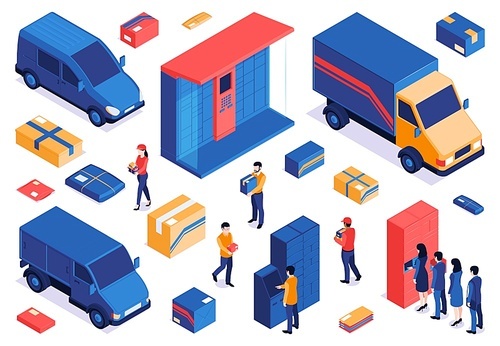 Isometric post terminal set of isolated parcel icons and images of delivery cars with postal workers vector illustration