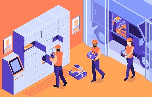 Isometric post terminal logistic composition with indoor scenery and postal workers loading parcels into automated locker vector illustration