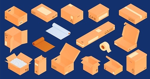 Isometric cardboard boxes set on dark blue background with isolated images of packaging materials and tape vector illustration