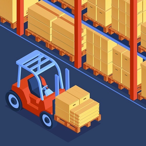 Isometric cardboard boxes composition with indoor view of warehouse with racks filled with packages and forklift vector illustration