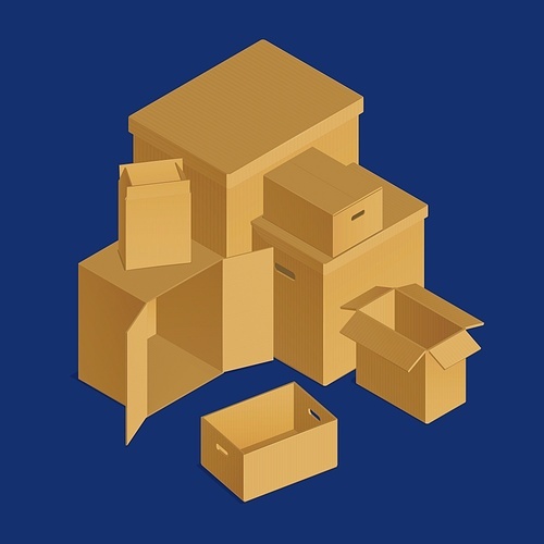 Isometric cardboard boxes composition with set of carton packages of different size with covers and holes vector illustration