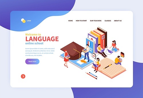 Online language center concept isometric landing page with downloadable courses textbooks native speakers audio certificate vector illustration