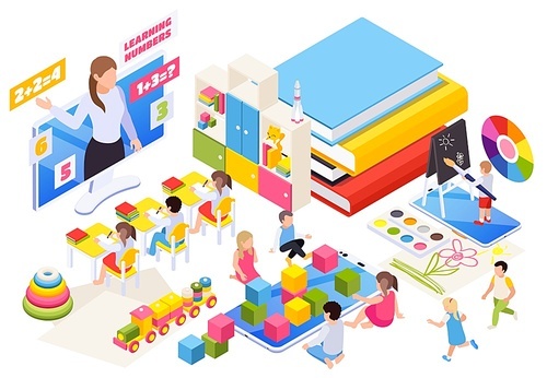 Kindergarten children learning distantly online isometric composition with teacher on desktop monitor building blocks pyramid vector illustration