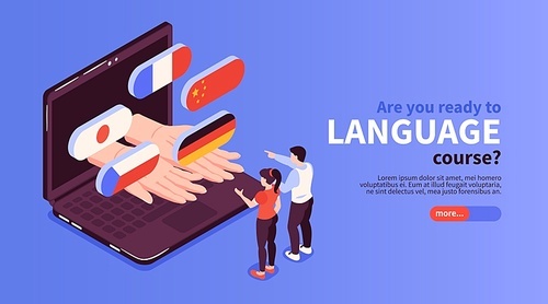 Online language courses website with french german japanese flags popping out laptop screen isometric banner vector illustration