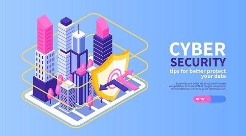 Isometric cybersecurity horizontal banner with images of city block and skyscrapers area protected with shield icon vector illustration