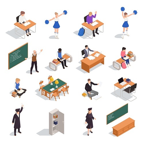 Isometric icons set with high school students teachers graduates and classroom furniture 3d isolated vector illustration