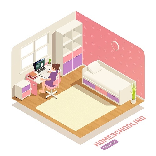 Homeschooling isometric composition with girl watching video lesson in her room 3d vector illustration