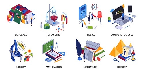 School education 8 isometric compositions with chemistry physics labs computer science class geography history language vector illustration