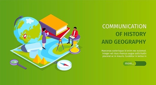 History and geography combined subjects site school education landing page isometric horizontal web banner background vector illustration
