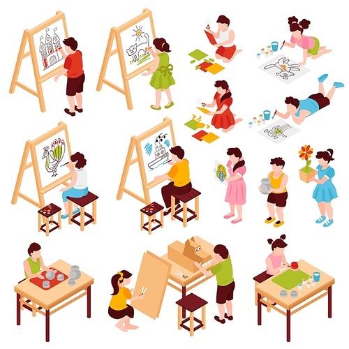 Isometric children kids creative art school set of isolated icons and images of drawings on easels vector illustration