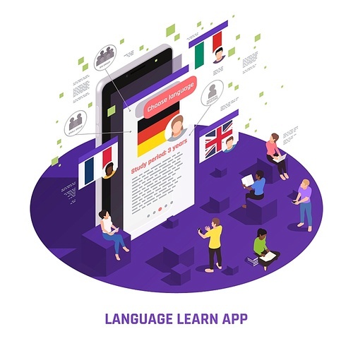 Language learning app for pc tablet mobile isometric composition with students practicing  french english italian vector illustration