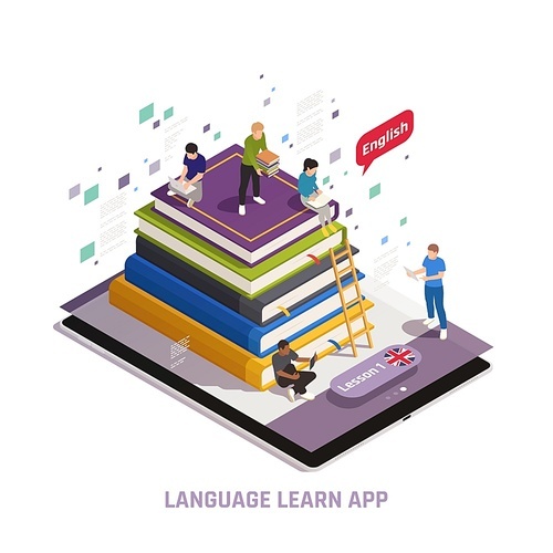 Language training online courses with native tutors e library access isometric composition  learning english app vector illustration