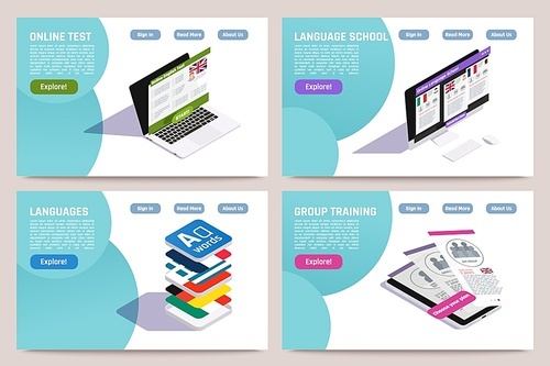 Foreign language learning concept 4 isometric web pages set with online school group training test vector illustration