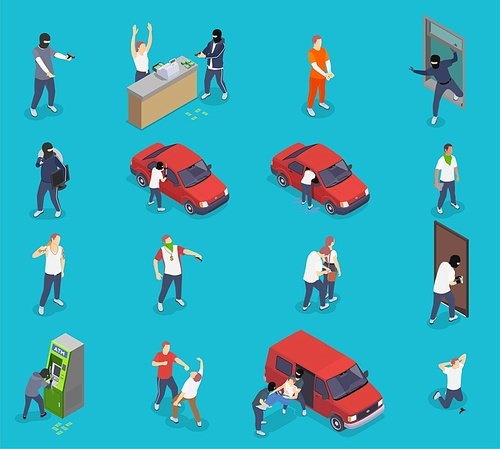 People committing crime isometric icons set with thieves kidnappers gangsters isolated on blue background 3d vector illustration