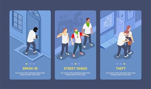 Isometric vertical banners set with street gangs committing thefts and breaking locks 3d isolated vector illustration