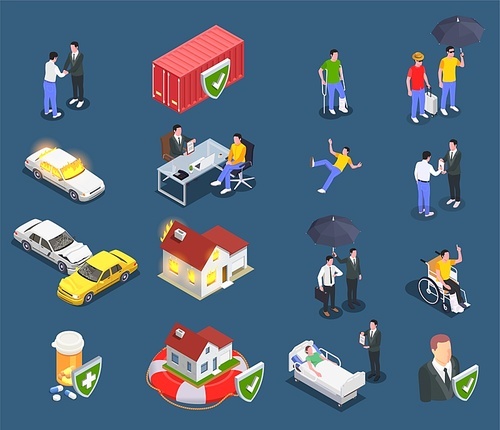 Insurance isometric set of conceptual icons and images of damaged property health and characters of agents vector illustration