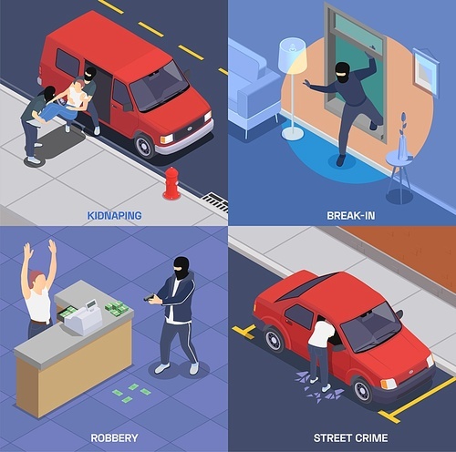 Crime isometric 2x2 icons set with gangsters robbing bank kidnapping breaking in car and house 3d isolated vector illustration