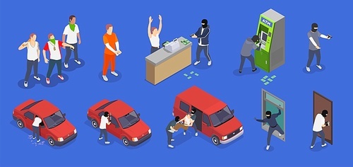 Gangsters committing different crimes isometric icons set isolated on blue background 3d vector illustration