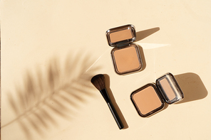 Minimal modern cosmetic scene with make up brushe, bronzer and palm shadow overlay