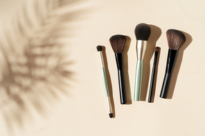 Minimal modern cosmetic scene with make up brushes set and shadow overlay