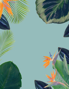 tropical flowers and leaves - border of fresh strelizia bird of paradize flowers and exotic palm leaves on blue backgroundotic palm leaves on blue background